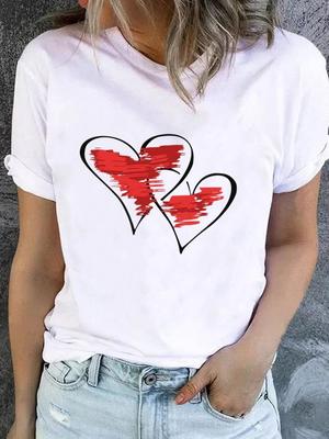 (Asian Size) Love Heart Trend Clothing Lady O-neck Short Sleeve T-shirts Printed Female Top Casual T Shirt Fashion Women Graphic Tee
