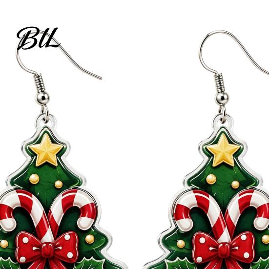 Cute Tree Pendant Earrings 1 Pair Acrylic Christmas Dangle Earrings, 2D Flat Xmas Bow Bell Candy Cane with Bell, Holiday Party Jewelry for Women Theme