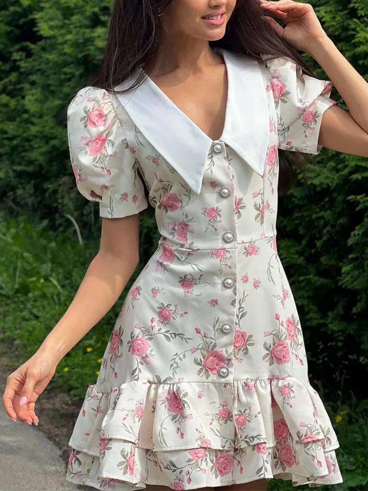 Summer Print Puff Sleeves Ruffled Dress Women's V-Neck High Waist Pearl Buttons Mini Dress Female Casual Vacation Fashion Dress