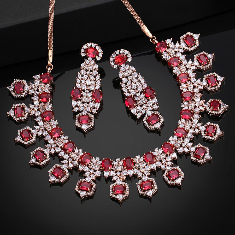 Комплект великолепного дизайнерского ожерелья Estele с покрытием из розового золота и рубиновыми кристаллами для женщин