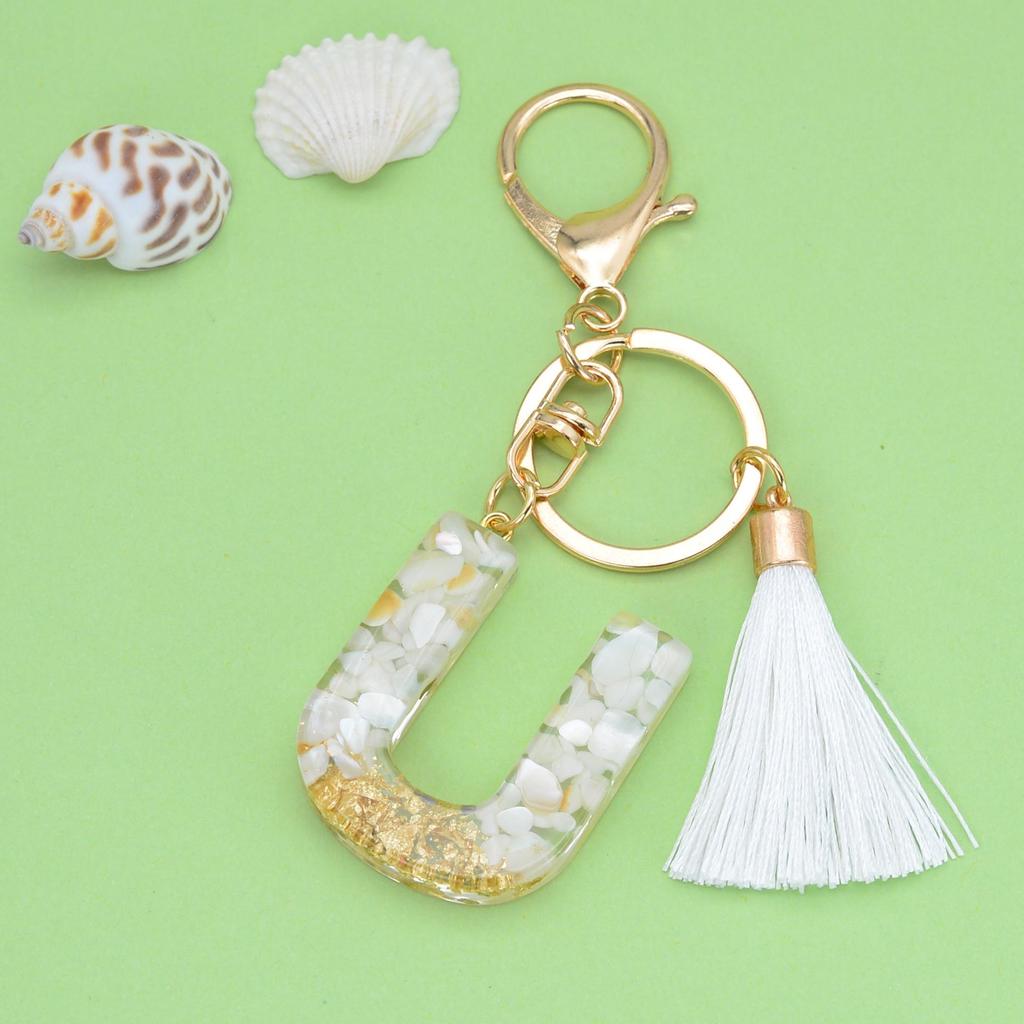 Trendy White Tassel Letter Keychain with Crystal Pendant
