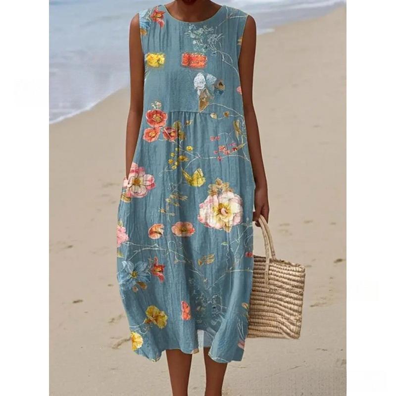 European and American New Summer Flower Ocean Printing European Size Round Neck Sleeveless Long Dress Creative Loose Dress