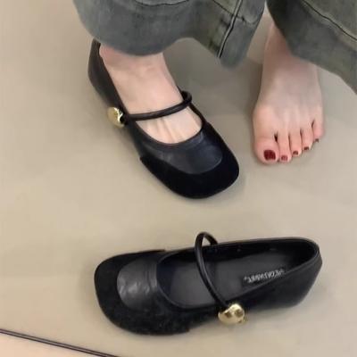 Soft Leather Version! French Retro Splicing Mary Jane Shoes Women's Spring and Autumn New One-word Single Shoes with Shallow Mouth Inner Height Incr