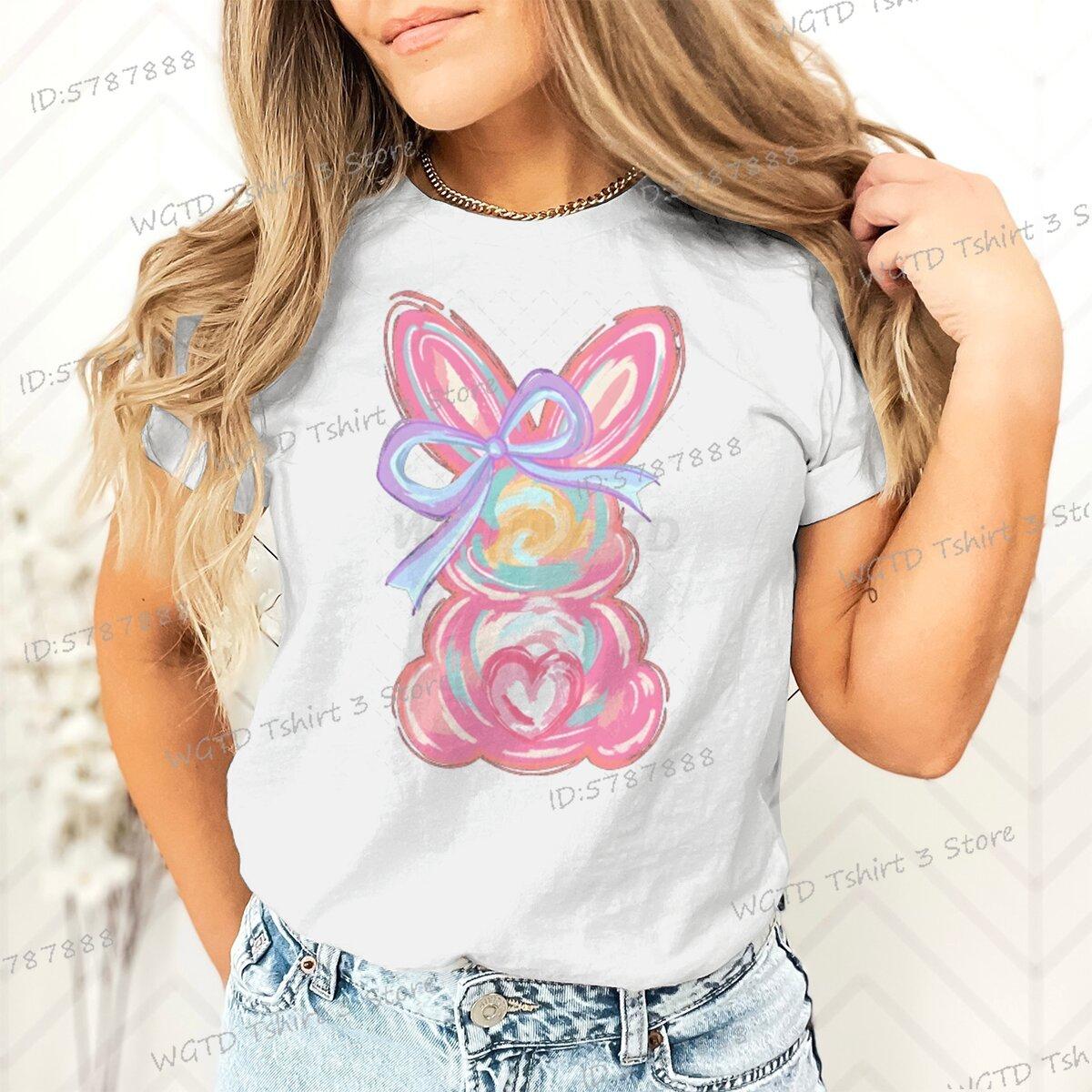 Womens Clothing Cute Bunny Easter Day Gift for Women Bunny Coquette Bow T Shirt Girls Easter Pink Bunny Crew Neck Retro Shirts S