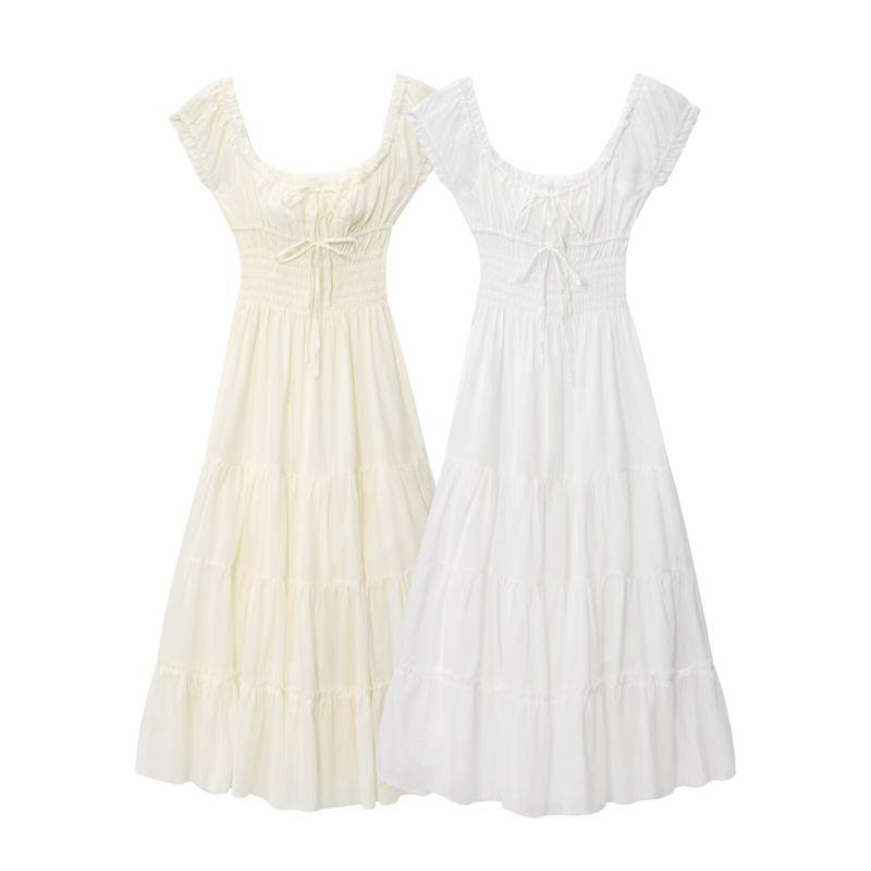 Kaslead New Women clothes Western Style Simple Temperament French style Double Layer Pure Cotton Waist Hugging Square Collar Long dress