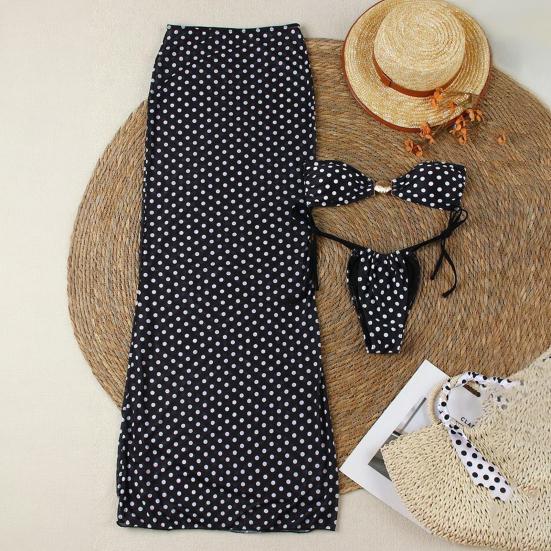 3Pcs/Set Women Swimsuit Set Chest Pad No Underwire Bandeau Bra Dot Print Swimming Briefs Set with Split Skirt Sexy Woven Beach Bikini Set