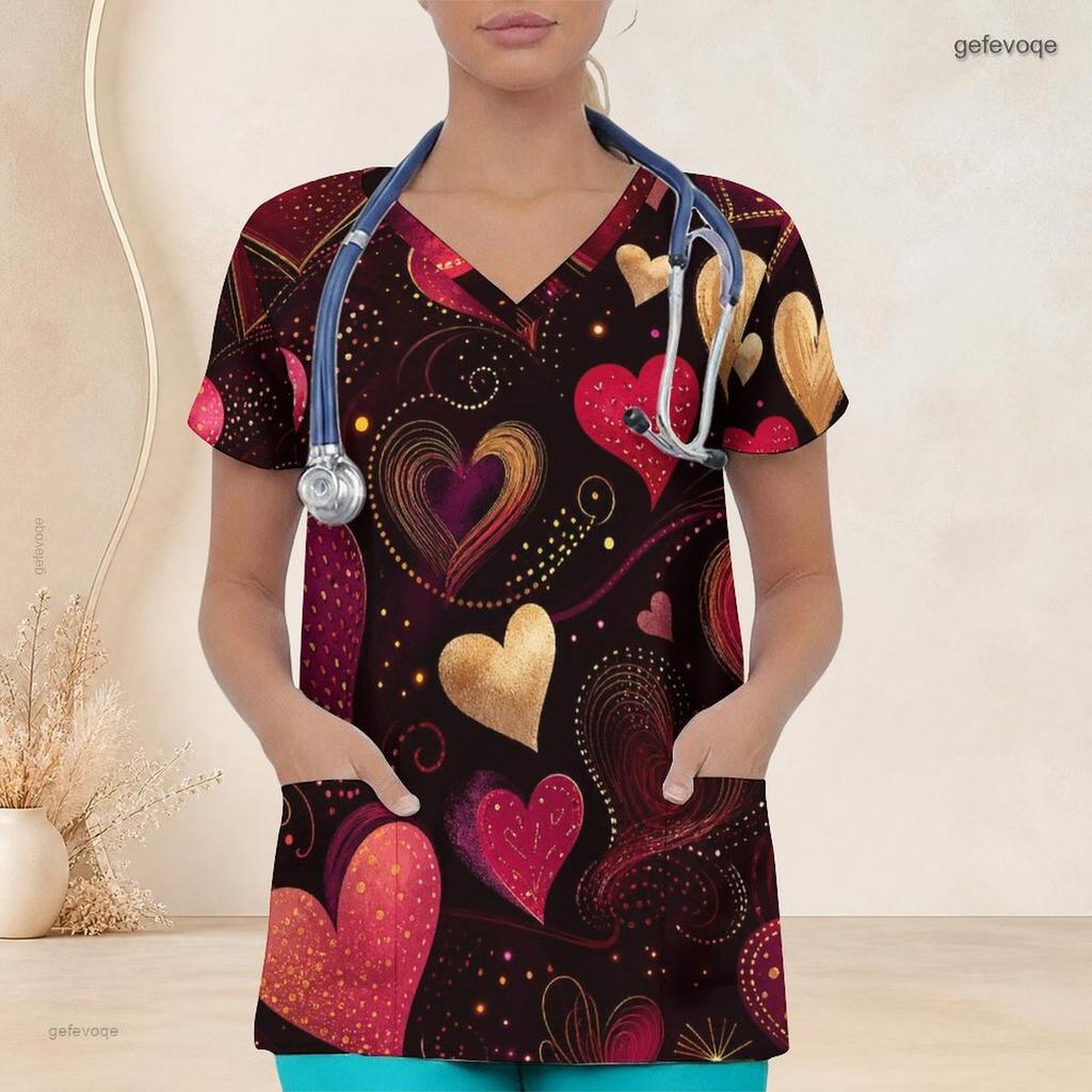 Women Plus Size V Neck Short Sleeve Scrub Top Spiral Tie Dye Patriotic Red White Blue Print Nurse Uniform Top