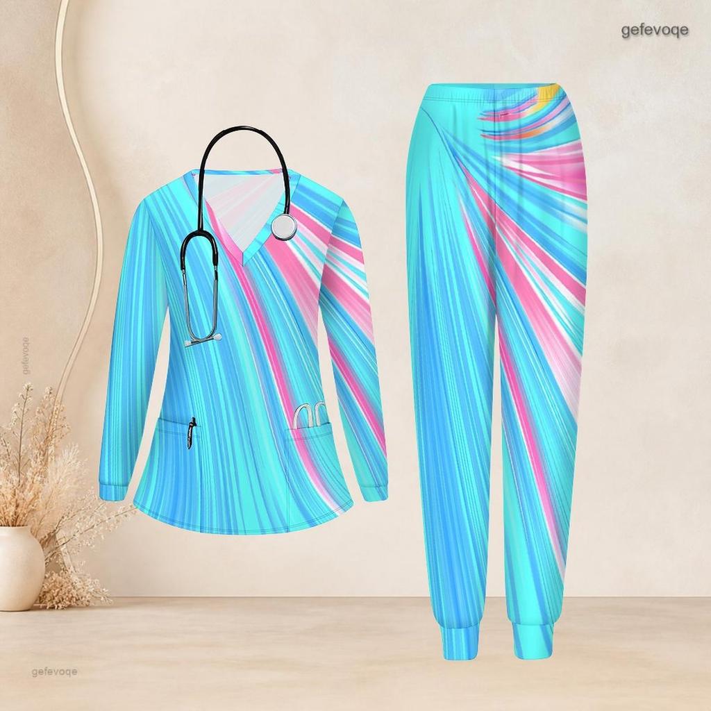 Women Plus Size Star Print Nurse Scrub Set V Neck Long Sleeve Pockets Red Blue White Two Piece