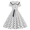 Retro Women's Summer Lapel Short Sleeve Belt Waist Slim Swing Polka Dot Printed Dress