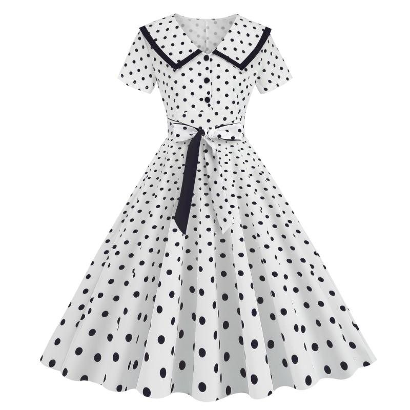 Retro Women's Summer Lapel Short Sleeve Belt Waist Slim Swing Polka Dot Printed Dress