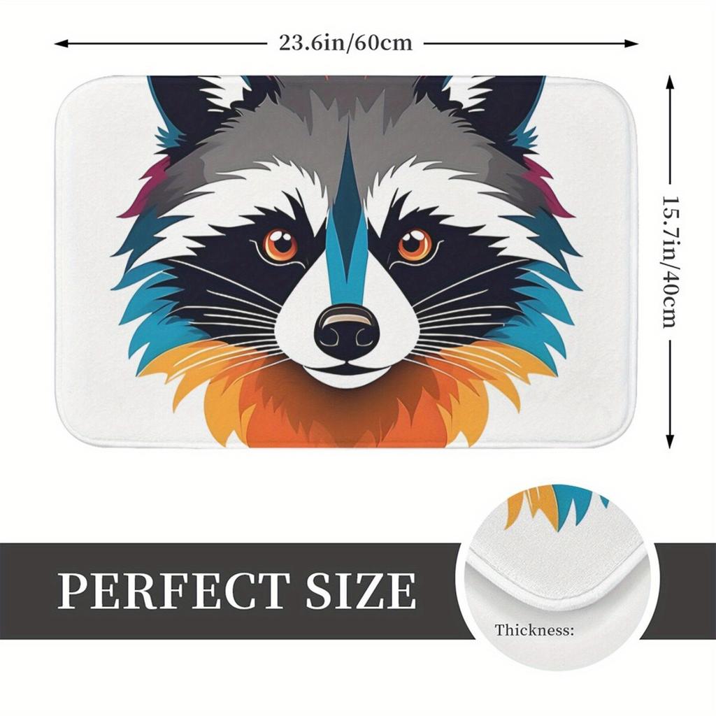 Light Gray Mat with Raccoon Illustration in Colorful Gradient Fur, Polyester Rug for Indoor Home Decor 1PC