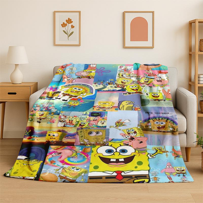 Cartoon S-SpongeBob Patrick Star Flannel Blanket Soft Warm Throw Blanket for Bedroom Living Room Bed Travel Camping Picnic Kid
