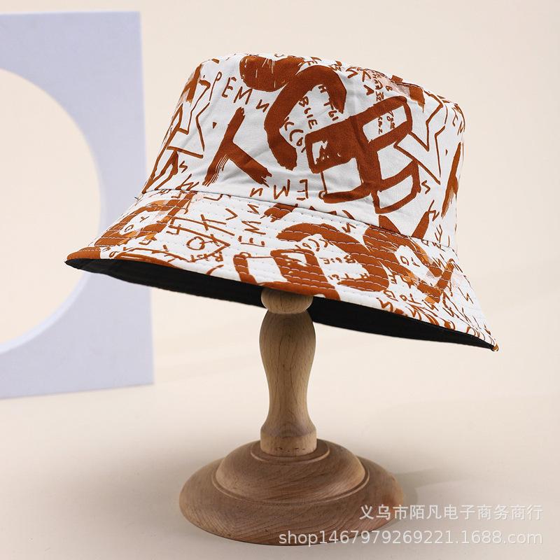 Doodle letter double-sided bucket hat, European and American fashionable casual sunshade hat, men's and women's spring/summer outing pot hat