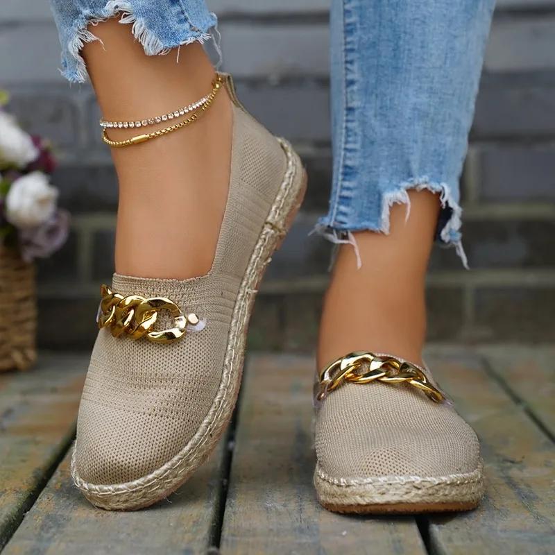 2024 Hot Fashion Spring and Autumn Solid Color Flat Heel Slip-on Women's Shoes Round Toe Shallow Mouth Slip-on Metal Decoration