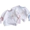 Girls' Spring Striped Patchwork Sleeves KT Cat Print Long-Sleeve Two-Piece T-shirt