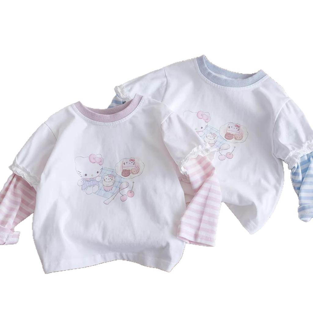 Girls' Spring Striped Patchwork Sleeves KT Cat Print Long-Sleeve Two-Piece T-shirt