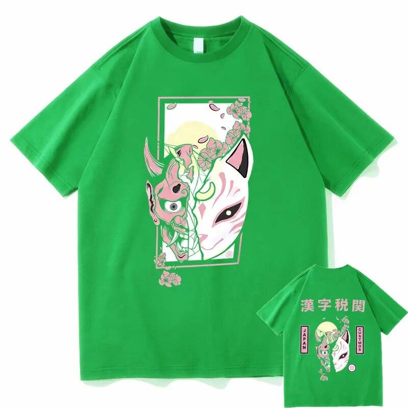 Hannya Mask T Shirts Futuristic Kitsune Mask Graphic T-shirt Japanese Anime Tees Kitsune Streetwear Fox Tshirt Unisex Manga Tops