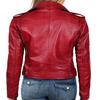 NOORA Womens Blood Red Leather Quilted Biker Jacket With Zipper & Pocket | Belted | Snap On Collar | Zip On Sleeves |