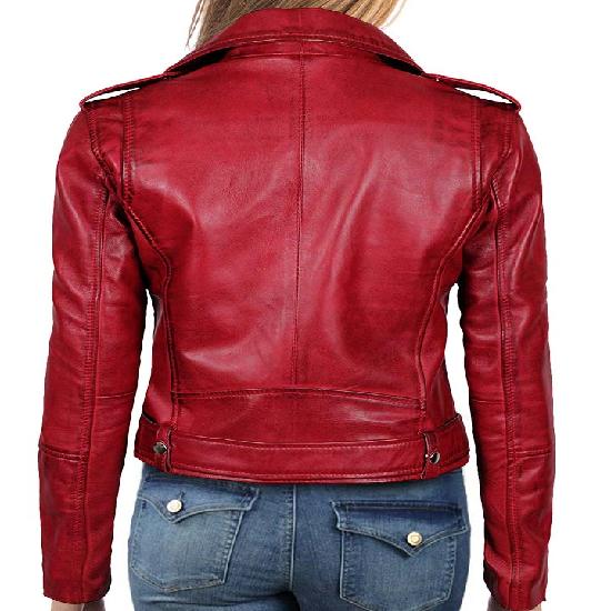 NOORA Womens Blood Red Leather Quilted Biker Jacket With Zipper & Pocket | Belted | Snap On Collar | Zip On Sleeves |