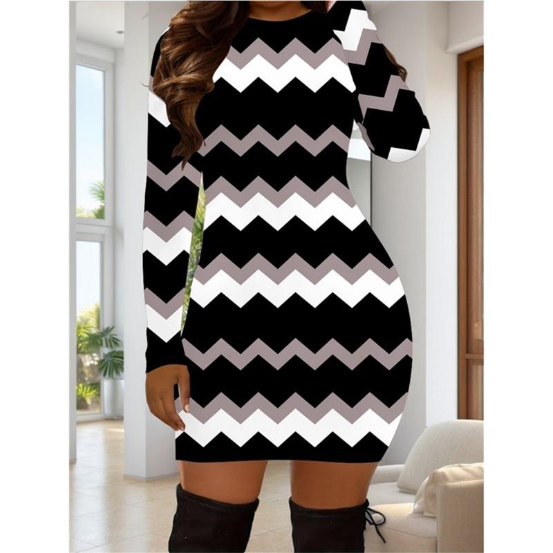Long Sleeve Elegant Fashion Women Mini Dresses All Season 3D Printed Street Ladies Dress