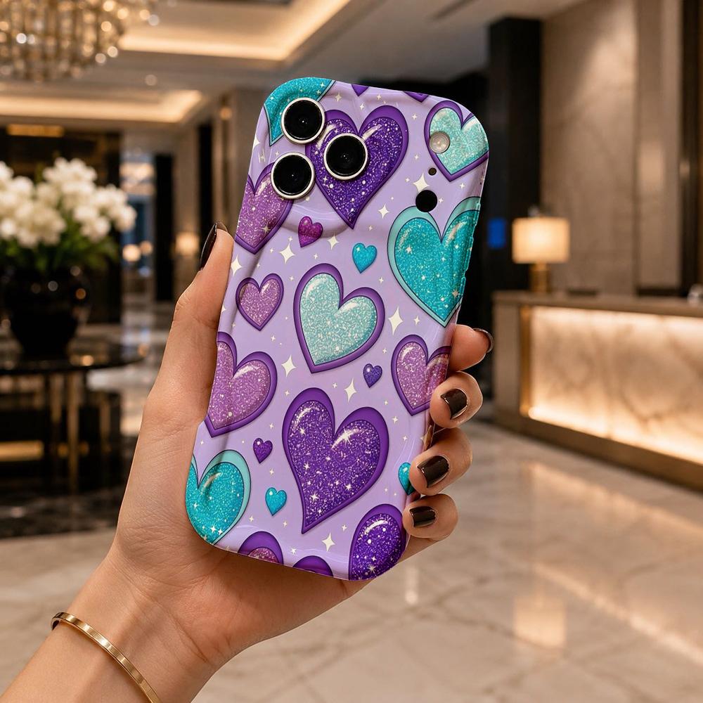Glitter Purple Blue Heart Wavy Edge Phone Case For iPhone 17 16 15 14 13 12 11 8 7 Plus Pro Max Sparkle Love Soft Cover