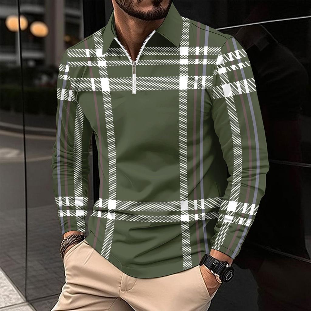 Modisches Herren Langarm Poloshirt mit Reißverschlusstasche Herren Gestreiftes Sweatshirt