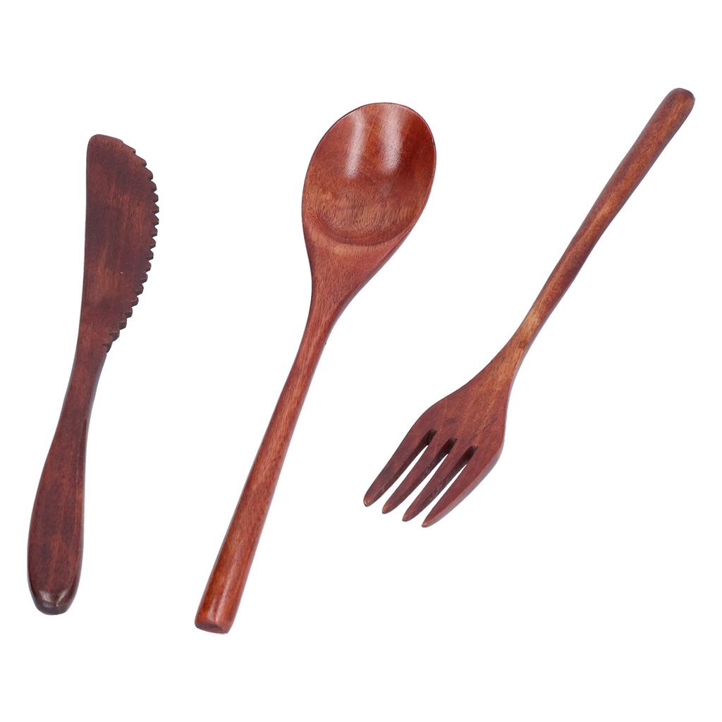 Zestaw 3 szt. noży, widelców i łyżek, drewniane, przenośne sztućce do deserów, do domu i hotelu