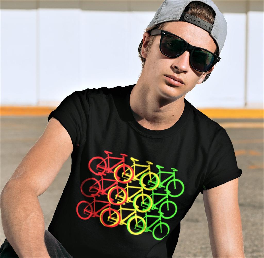 Minimalist Cycling T-Shirt: Red Gold Green Bicycles