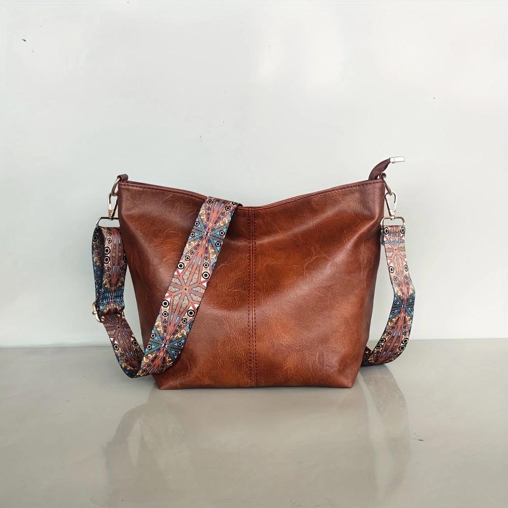 Fashionable wide shoulder strap shoulder bag, retro PU leather women's crossbody bag, casual bucket bag