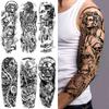 Skull Warrior Temporary Tattoos Sleeve For Men Women Adult Realistic Fake Flower Tattoo Sticker Black Lion Soldier Large Tatoos