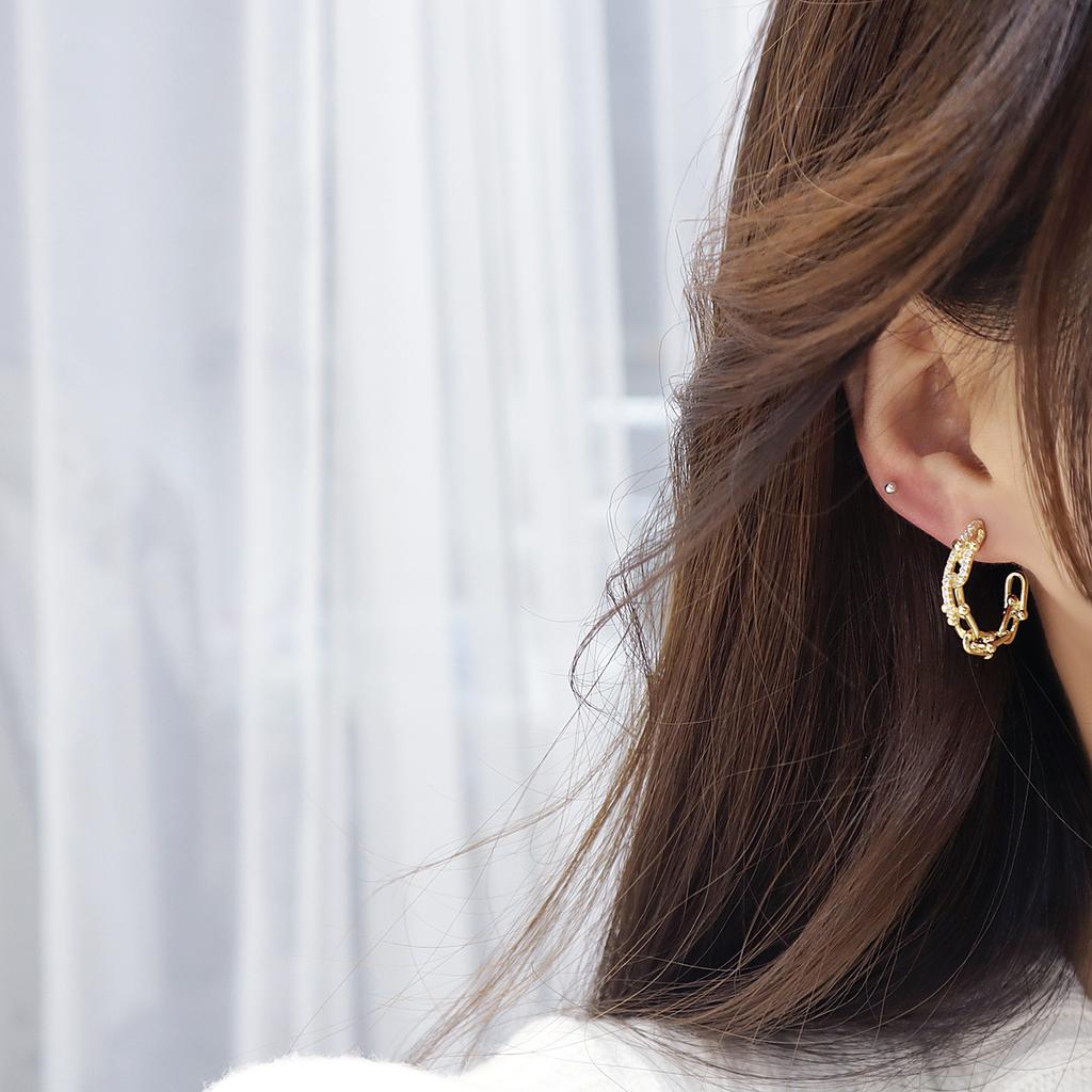 Joyería de Moda Oro Real 14K Zirconia AAA Pendientes de Aro Generosa Cadena en Forma de C Pendientes Huecos para Mujer para Uso Diario