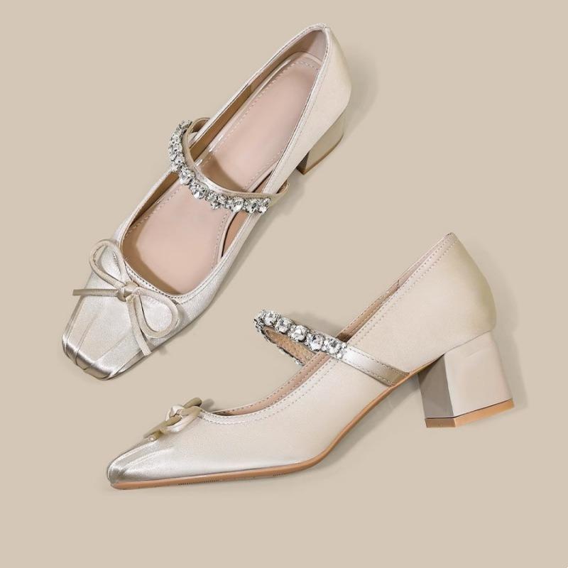 Fashion Hot Selling 2025 New Chinese Style Ballet Flats Crystal Embellished Mary Janes Square Toe High Heels Single Shoes for Dresses