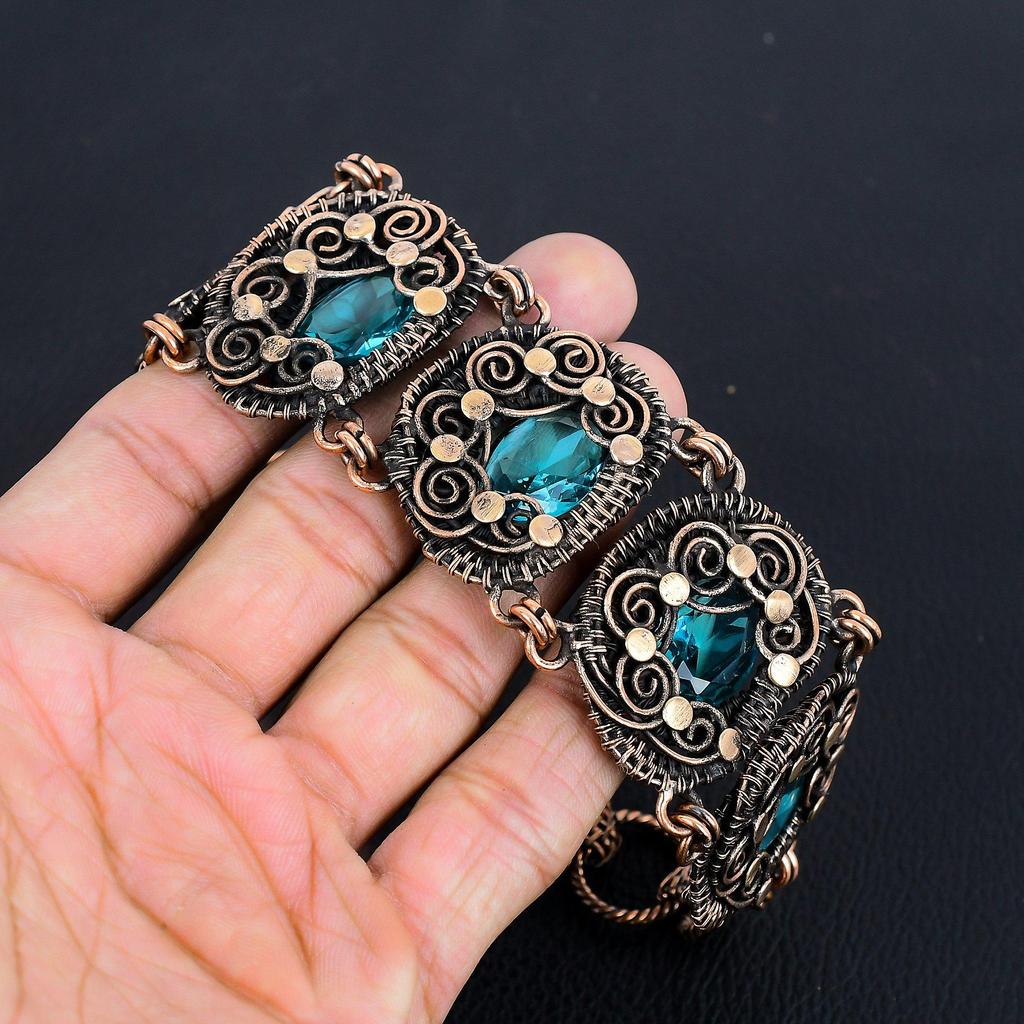 Swiss Blue Topaz  999 Copper Wire Wrapped Bracelet Adjustable Bangle, Gemstone Jewelry Gift For Mom, Handmade Brand New Jewelry
