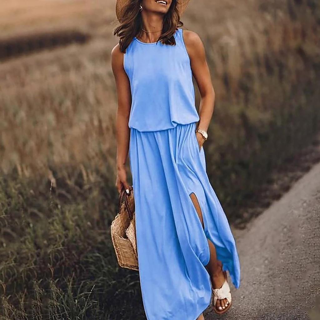 Fashion Womens Solid Color Round Neck Sleeveless High Waist Split Dress