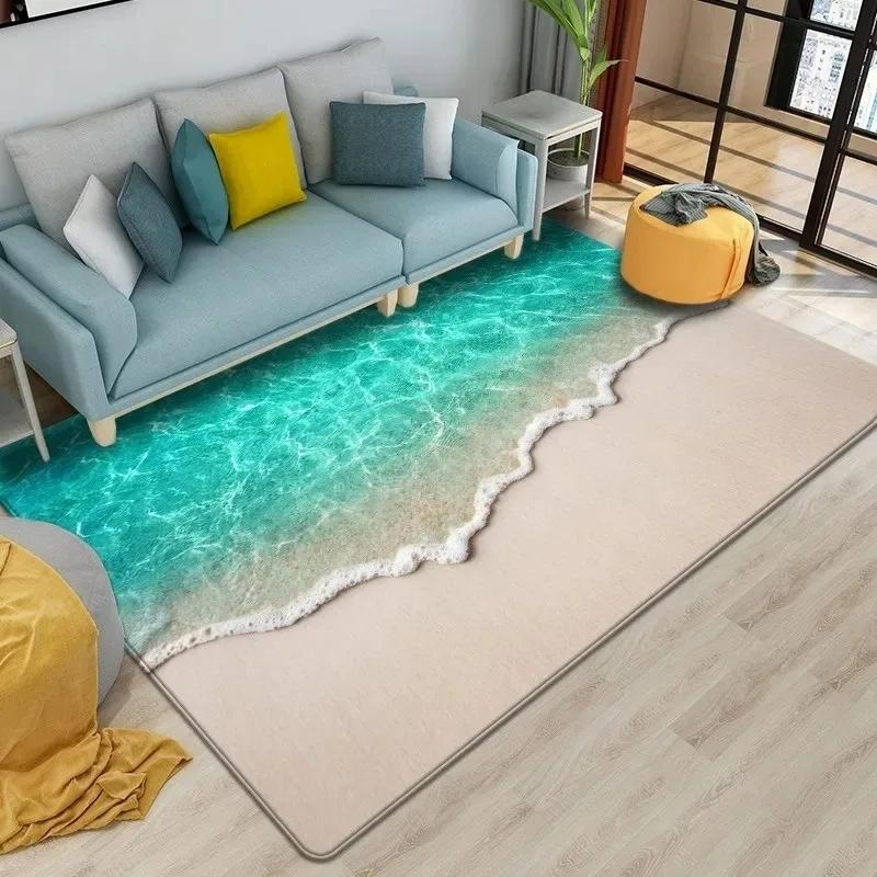 3D Meer Strand Teppich für Schlafzimmer Lounge Dekoration Wellen Rutschfeste Teppiche Wohnzimmer Couchtische Bodenmatten Wohnaccessoires