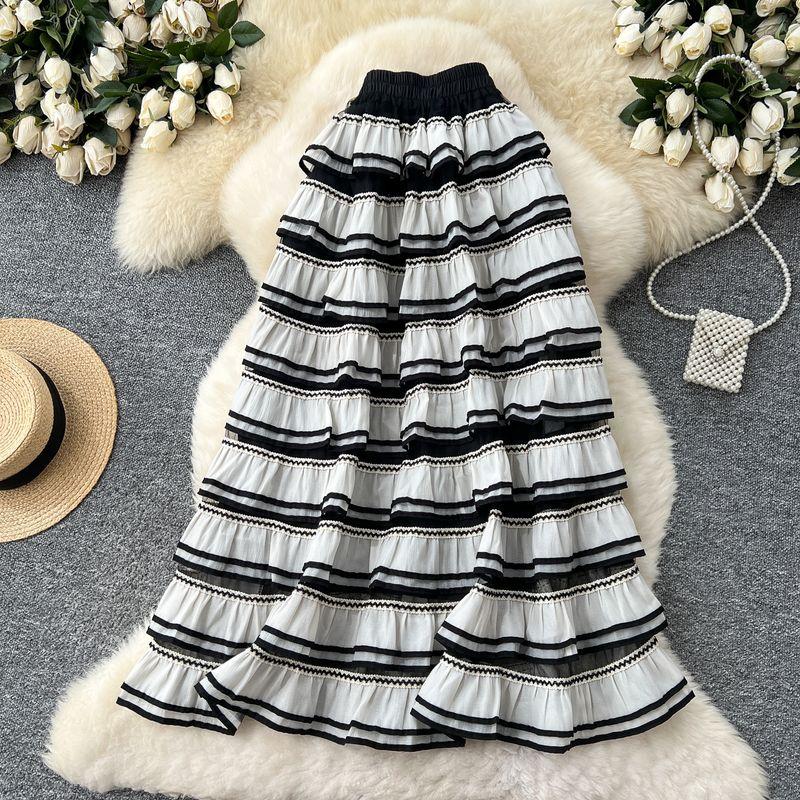 

French style High-Grade Contrast Color Layer Frill Cake Skirt Female Summer Gentle Style All-Match Drape Midi dress White All yards