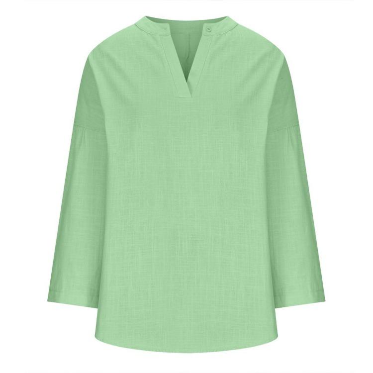 Women's Cotton Linen Shirt Loose Casual Long Sleeve Top with Stand Up Collar