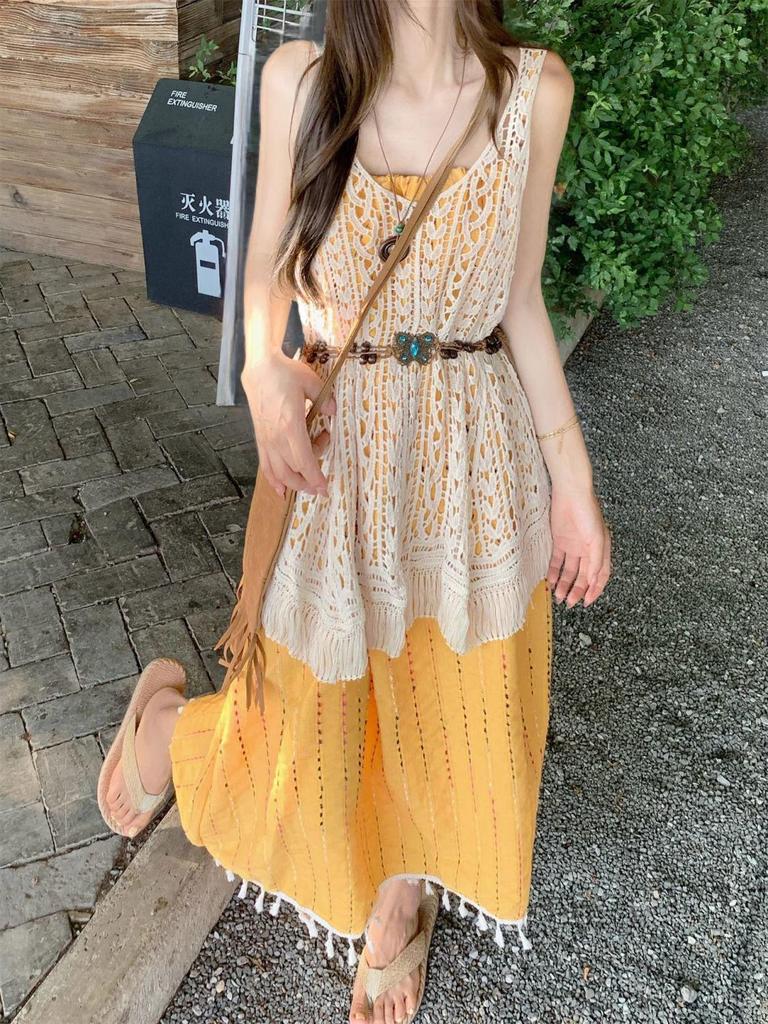 Bohemian Korean-Style Tassel Camisole Dress & Layered Lace Cover-Up Set for Women (Summer)