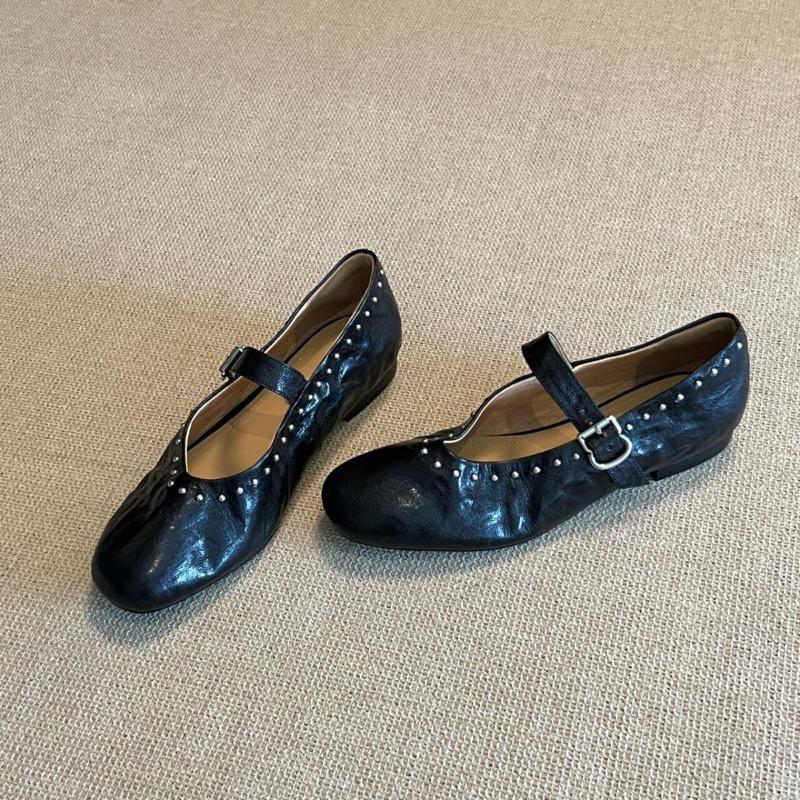 Cowhide version~ genuine leather new flat-bottomed rivets, shallow mouth one-word buckle single shoes, women's retro Mary Jane small leather shoes