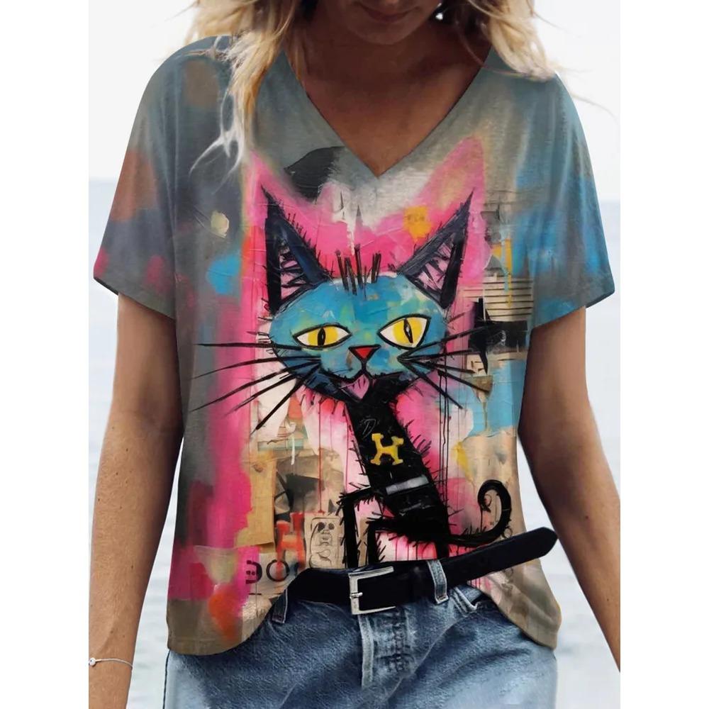 Summer V-neck Funny Cat Pattern 3D Printed Top Fashionable Casual Short Sleeved Women's T-shirts
