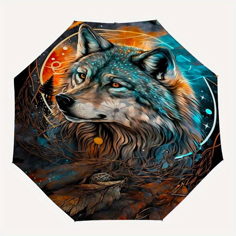1 Stück Natur Geisttier Wolfsmuster Schön Aussehend Automatischer Faltregenschirm, 3-fach faltbar, 8 Speichen Eisenrahmen-Design, Langlebig und Geeignet für Tr