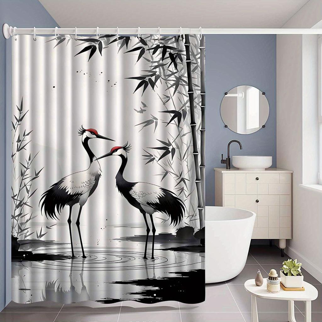 1Pc Crane And Bamboo Patterned Shower Curtain, Polyester Fabric, With Hooks, Machine Washable, Suitable For Bathroom Decoration.