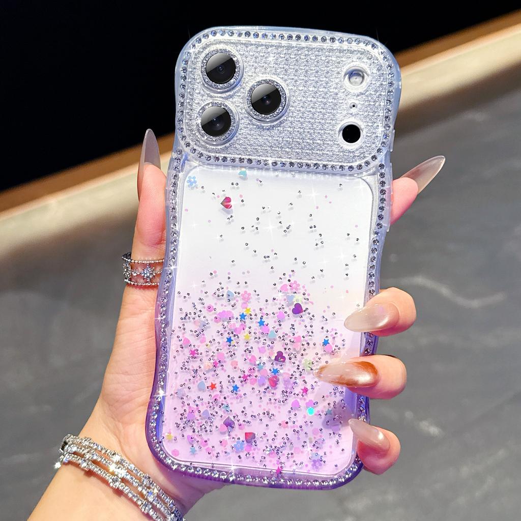 For iPhone 17 Pro Max Case Glitter Epoxy Design TPU Protective Case with Sparkly Rhinestone Decor Wave Frame