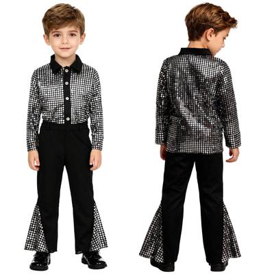 Retro Disco Kostým pro kluky Lesklý Top s Dlouhým Rukávem na Knoflíky Zvonové Kalhoty s Elastickým Pasem Set pro Taneční Vystoupení