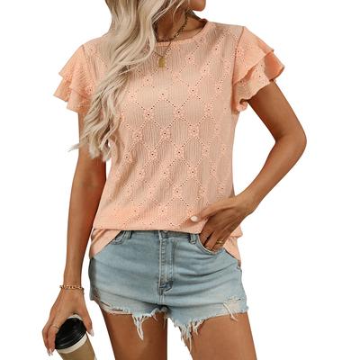 Women's Summer New Style Solid Color Round Neck Sweet Short Sleeved T-shirt Hollowed Out Top