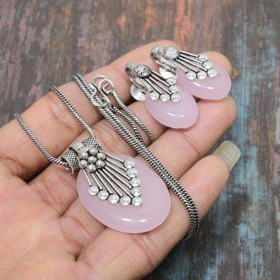 Pink Chalcedony Gemstone Handmade Solid 925 Sterling Silver Necklace+Earring Jewelry Set