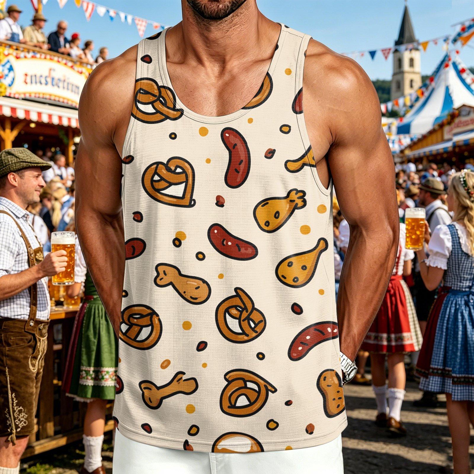 Men s Casual Outdoor Sleeveless Tank Top Crew Neck Beer Pretzel Pattern Lightweight Summer Sportswear XXL хаки