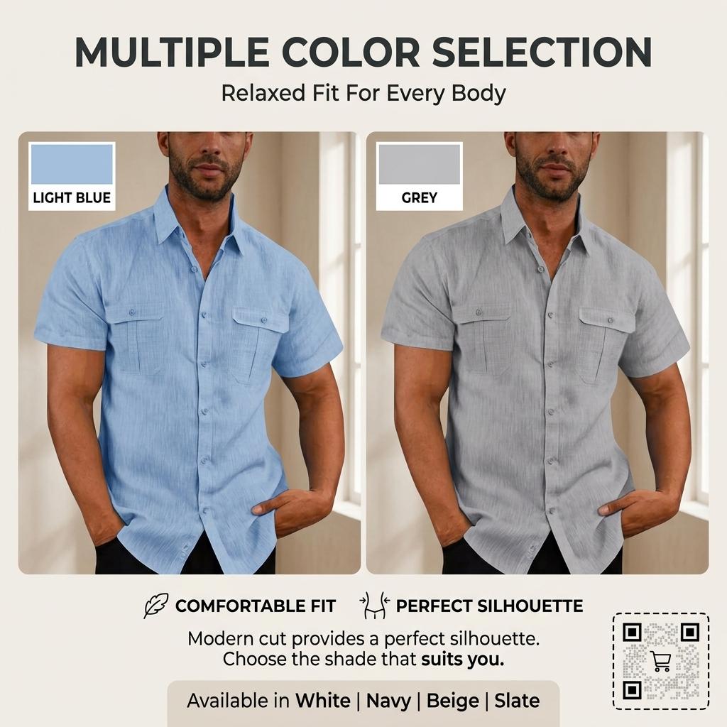 Men'S Shirt With Double Pockets Cotton-Linen Short-Sleeve Shirt Casual Vacation Shirt