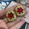 Medieval Vintage Earrings Design Earrings Embossed Lace Hollow Red Glazed Gemstone Square Stud Earrings