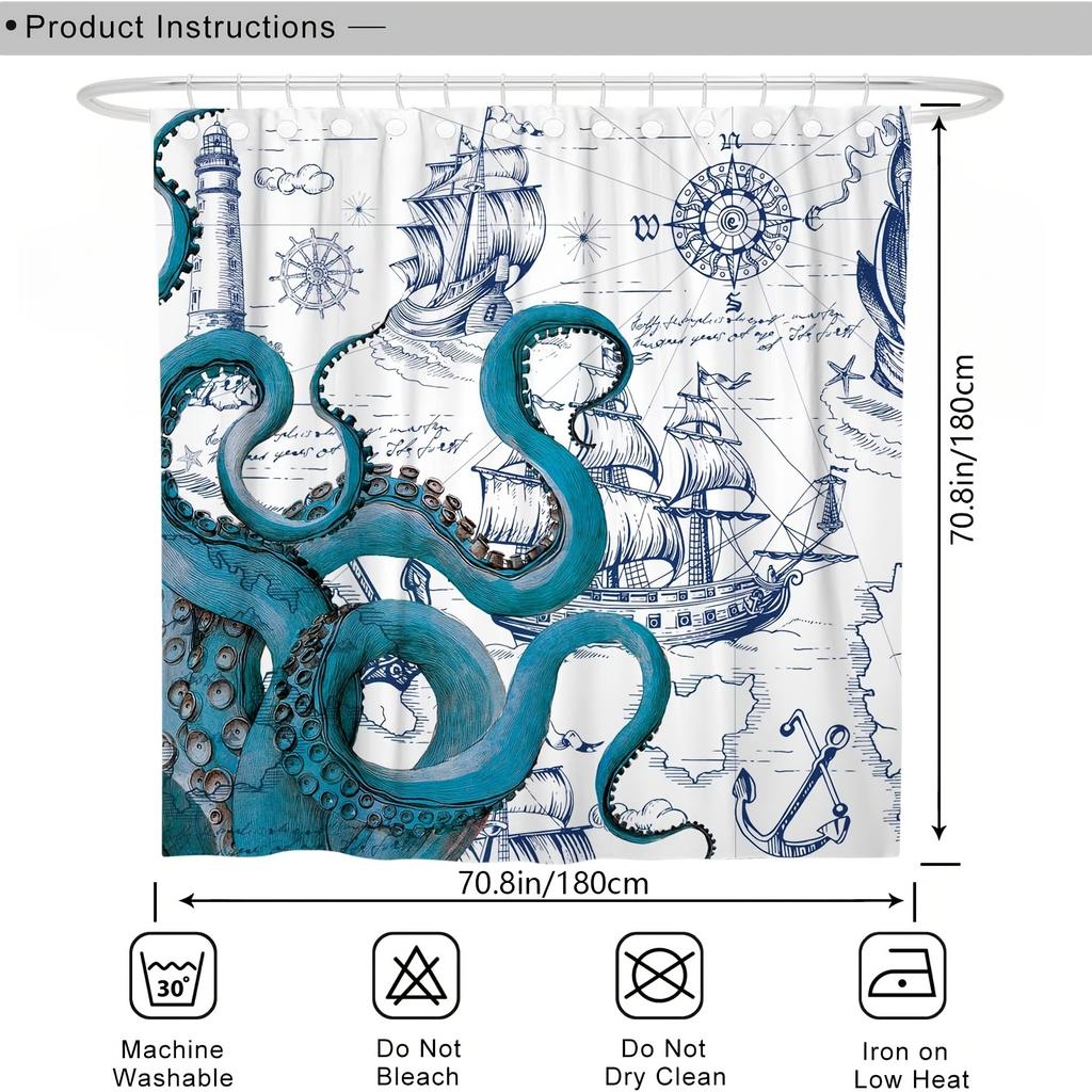 1 Nautischer Oktopus Badezimmer Duschvorhang - Lebendiges Blau Küstendesign Mit Segelboot Und Kompass, Polyestergewebe